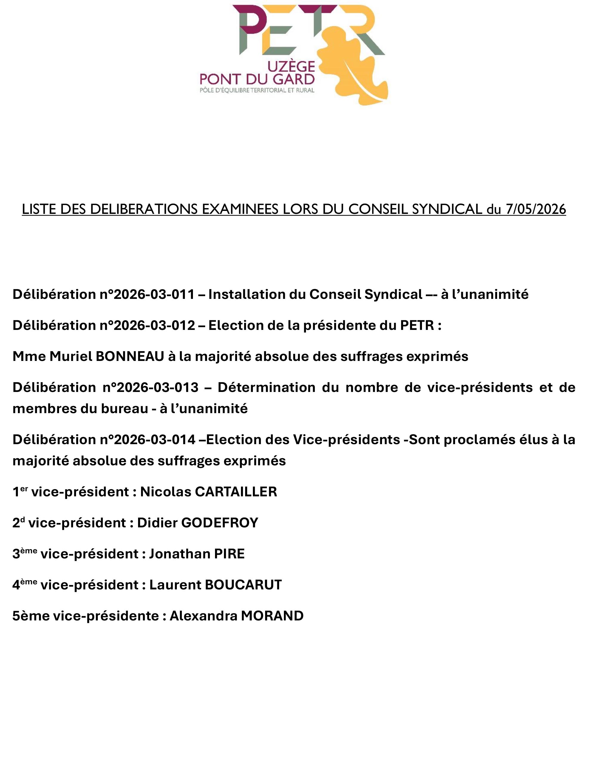 liste des délibérations